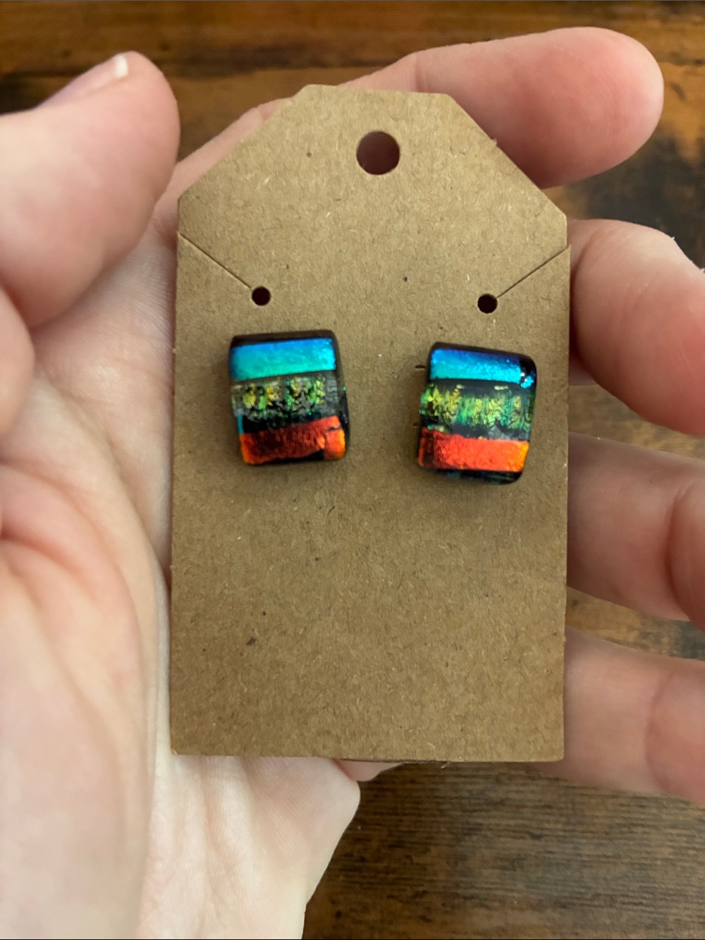 Vintage Multicolor Dichroic Glass Stud Earrings - Blue, Green & Orange